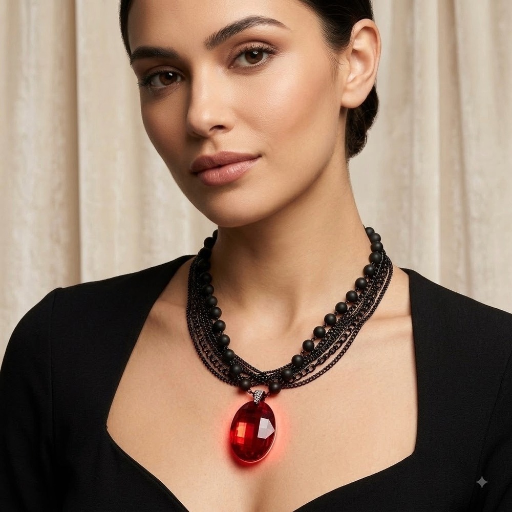 Gothic Multi Strand Black Chain Necklace Red Faceted Pendant Crystal Accents New